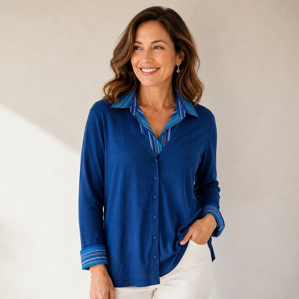 Elementz 2-in-1 Cardigan Top Womens 2X Blue Striped Trim Layered‎ Look